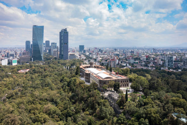Aerial drone view of Chapultepec Park, city in the background, Mexico City, Mexico stock photo