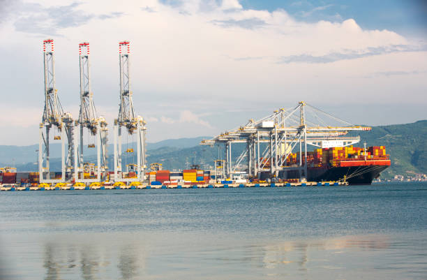 istock Cargo container ship loading on commercial dock in scenic view of industrial area 1403834064