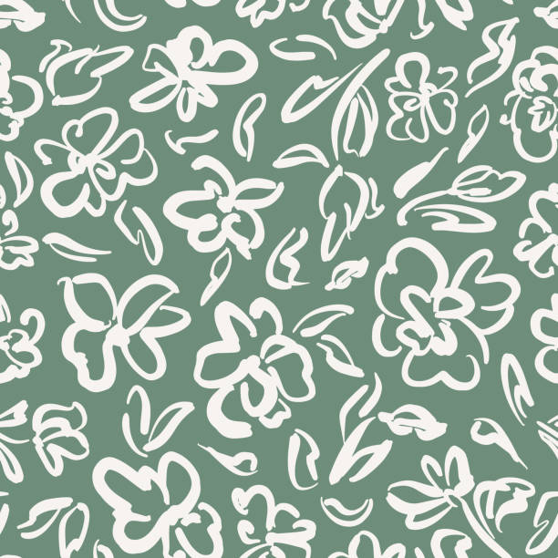 Abstract flowers with leaves seamless repeat pattern. Random placed, hand drawn vector botanical elements all over print on sage green background. cottagecore stock illustrations
