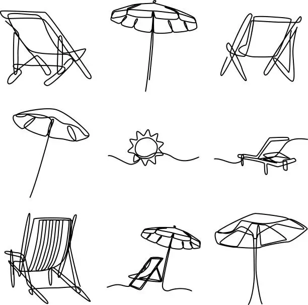 Vector illustration of summer beach chair and umbrella object in one line continuous illustration drawing