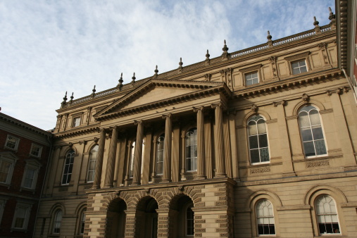 Osgoode Hall in Toronto, Ontario, Canada. The prominent architecture style is Victorian.