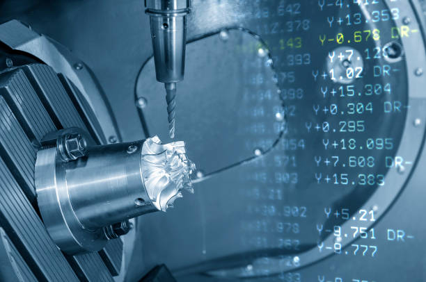 istock Abstract scene 5-axis machining center cutting the turbine  parts  parts with G-code data background . 1403837433