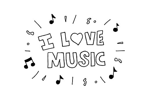 I love music vector lettering with heart sign, hand drawn black and white vector illustration.
