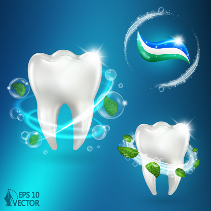 Whitening mint toothpaste, teeth cleaning and whitening, foam vortex. Mint paste and fresh leaves. Natural dental care product, protection and repair. 3d realistic vector illustration