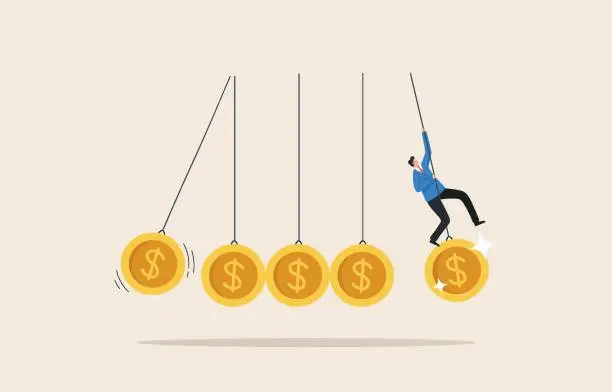 Vector illustration of Financial management or risk management from investing in currency or government banknotes. The impact of the  economic or inflation. Businessman swinging pendulum with dollar sign.