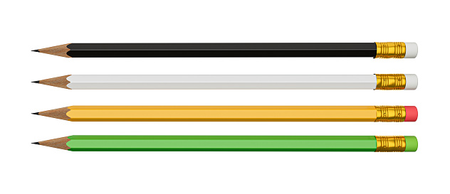 white, Yellow, Green and black pencils isolated on White background mock up 3d illustration