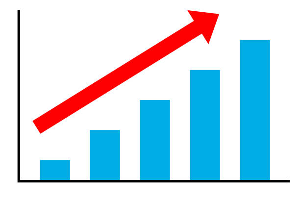 ilustraciones, imágenes clip art, dibujos animados e iconos de stock de gráfico de barras ascendentes y flechas - moving up prosperity growth arrow sign