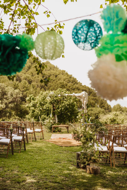 istock Wedding altar with a bench and boho flowers with ocean view 1403841545
