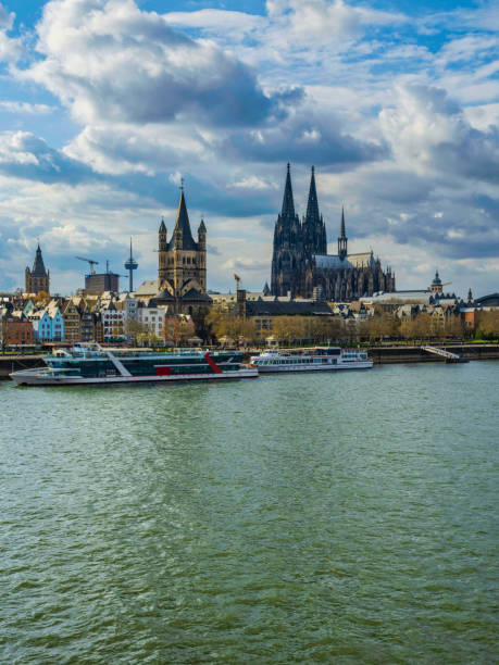 istock Cologne harbour, Cathedral tower and ships in Germany 1403843914