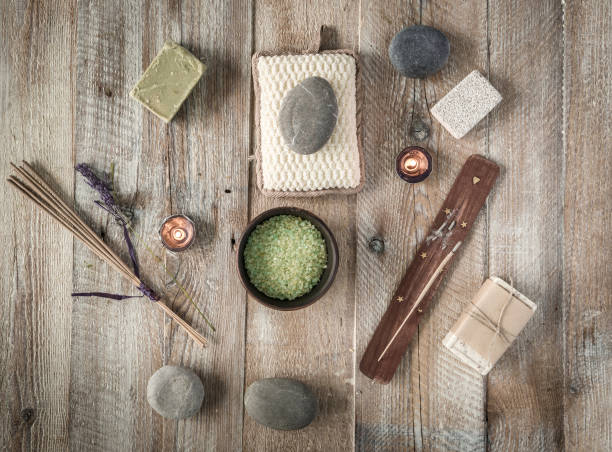 istock Composition of spa treatment on the wooden table 1403844277