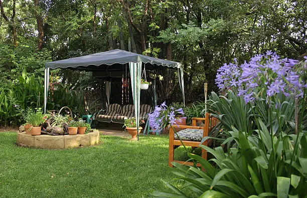 An African garden with a gazebo, swing chair, cover conversation pit and Agapanthus in the foreground.