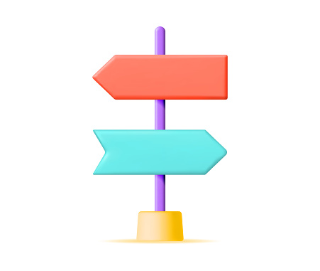 3D Empty Signpost with Directions Isolated. Signboard or Guidepost Render Icon. Road Information, Direction, Arrow. Guide Post. Choice Concept. Vector Illustration