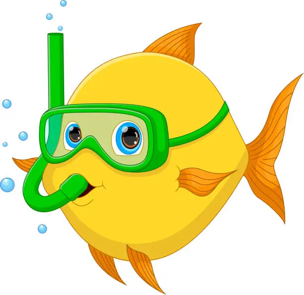 Vector illustration of cartoon fish with diving equipment