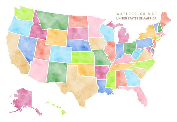 アメリカ, アメリカ合衆国の水彩画地図 - アメリカ州境点のイラスト素材／クリップアート素材／マンガ素材／アイコン素材