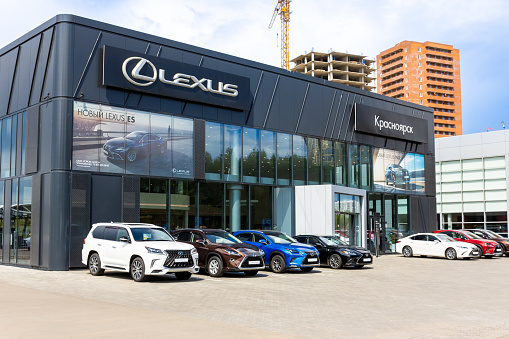 Krasnoyarsk, Russia - June 19, 2022: Lexus dealership store. Showroom of a japanese brand of automotive luxury