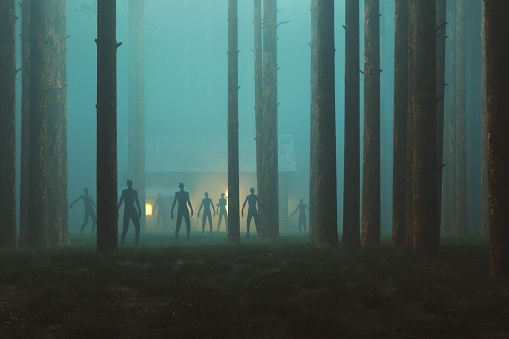 Scary walking zombies in dark spooky forest at night. This is entirely 3D generated image.