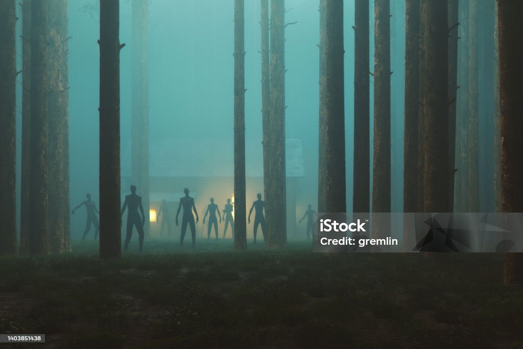 Scary walking zombies in dark spooky forest at night Scary walking zombies in dark spooky forest at night. This is entirely 3D generated image. Spooky Stock Photo