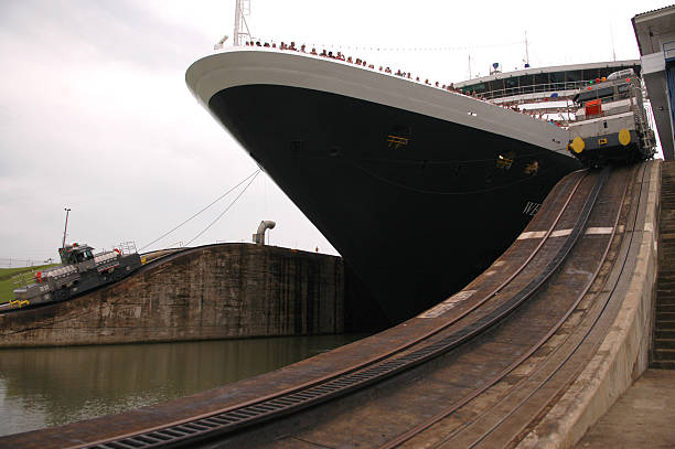 istock Road tracks along Panama Canal next to large cruise ship 140385225