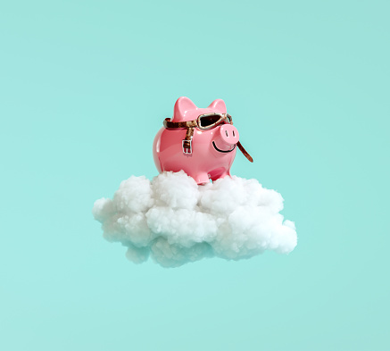 Piggy bank with pilot glasses flying on white fluffy cloud on turquoise blue background 3D Rendering, 3D Illustration