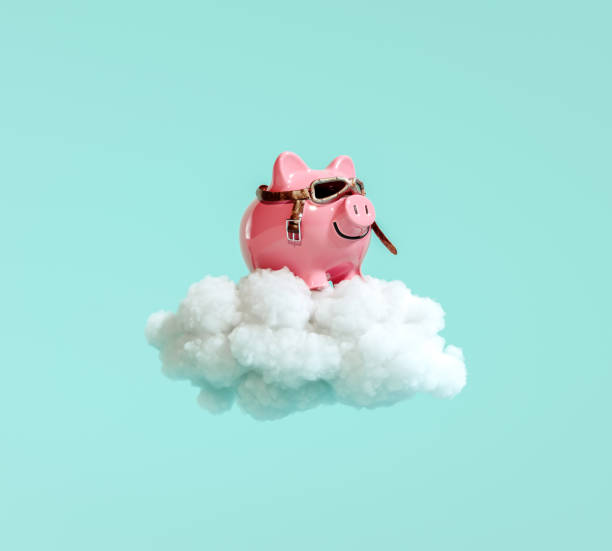 Piggy bank with pilot glasses flying on white fluffy cloud on turquoise blue background Piggy bank with pilot glasses flying on white fluffy cloud on turquoise blue background 3D Rendering, 3D Illustration calm before the storm stock pictures, royalty-free photos & images
