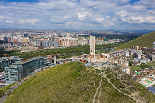 Aerial view and Ulaanbaatar and Memorial to Soviet soldiers on Zaisan Tolgoi, Mongolia.