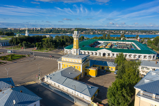 Aerial view of the Fire tower in historical center of ancient town Kostroma in Russia