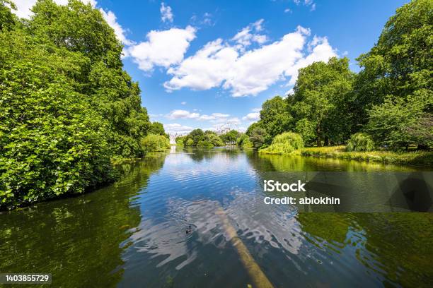 London Wide Angle Cityscape View Buildings From St James Park Green Lake Pond On Summer Day And Water Fountain In Uk Stock Photo - Download Image Now