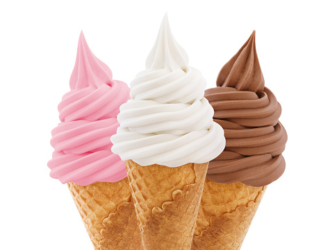 Strawberry, chocolate and vanilla soft serve ice cream wafer cones isolated on white background