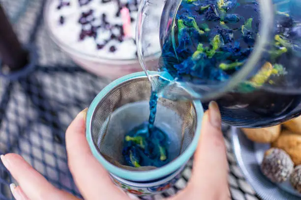 Hand pouring tea from glass teapot of butterfly pea Clitoria ternatea colorful color tea blue and purple through mesh strainer diffuser into teacup cup