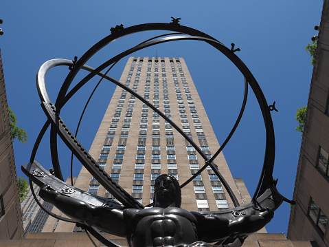 New York, USA - June 21, 2019: Image of the Atlas statue in front of the Rockefeller Center.