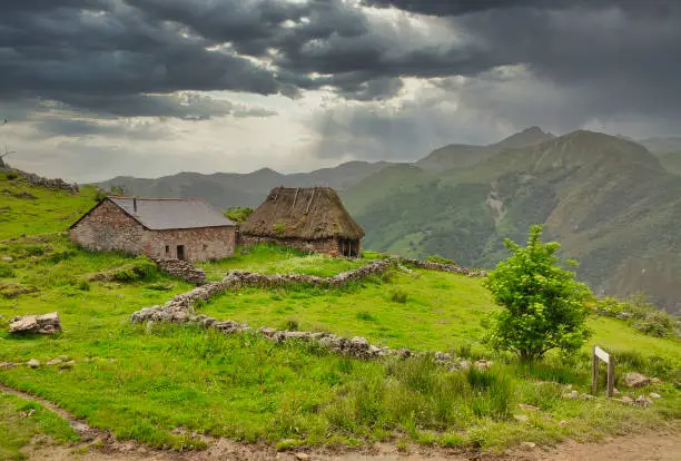 Typical huts in brana Mumian, Somiedo Natural Park, Asturias, Spain