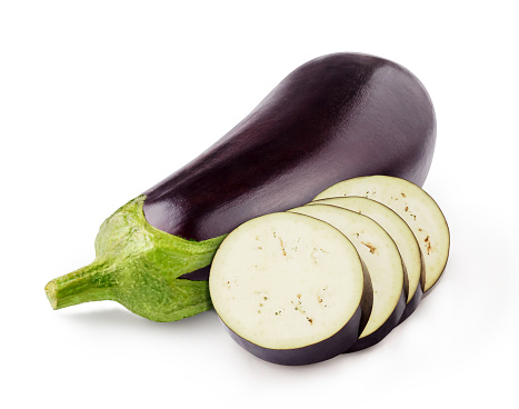 Eggplant sliced isolated. Eggplant with slices on white background.