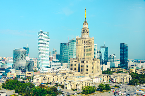 Warsaw, Poland - 20 July 2019. The Palace of Culture and city center in the Polish capital