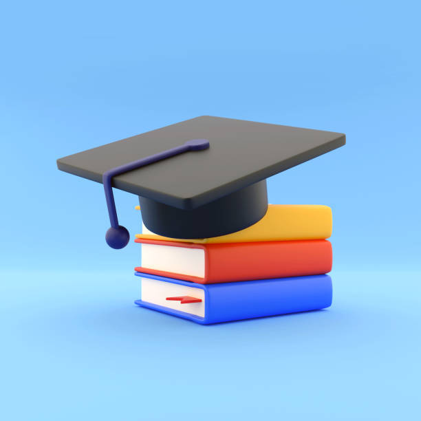 istock 3D render books and graduate hat icon. 3D render Grad hat with books isolated on blue. 3D render education icon illustration 1403868882