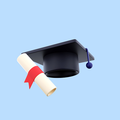 Diploma of Graduation with Blue Morter Board and Honor Cords Isolated on White Background.