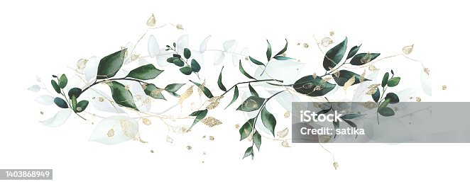 istock Watercolor painted floral frame. Arrangement with branches and leaves and gold elements. 1403868949