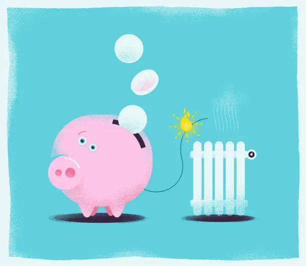 Vector illustration of piggy bank heating costs