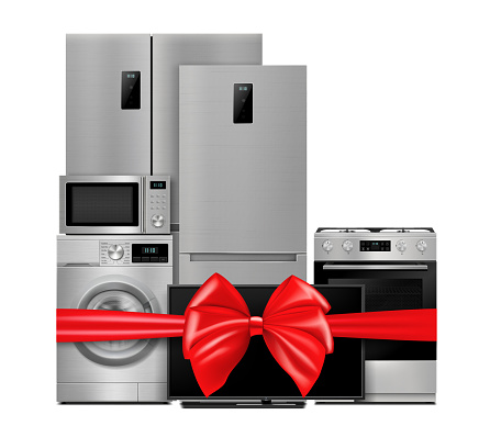 Group of household appliances with red gift ribbon and bow. Refrigerator, microwave, TV, washing machine, gas stove isolated on white background. Applicable for sale of electronics. 3d Rendering. Realistic vector illustration