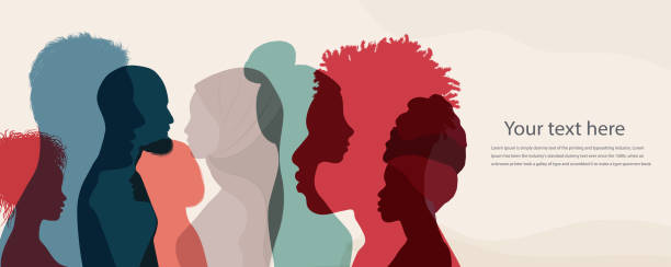 Silhouette profile group of men and women of diverse cultures.Diversity multi-ethnic people.Concept racial equality and anti-racismMulticultural and multiracial society. Banner copy space vector art illustration