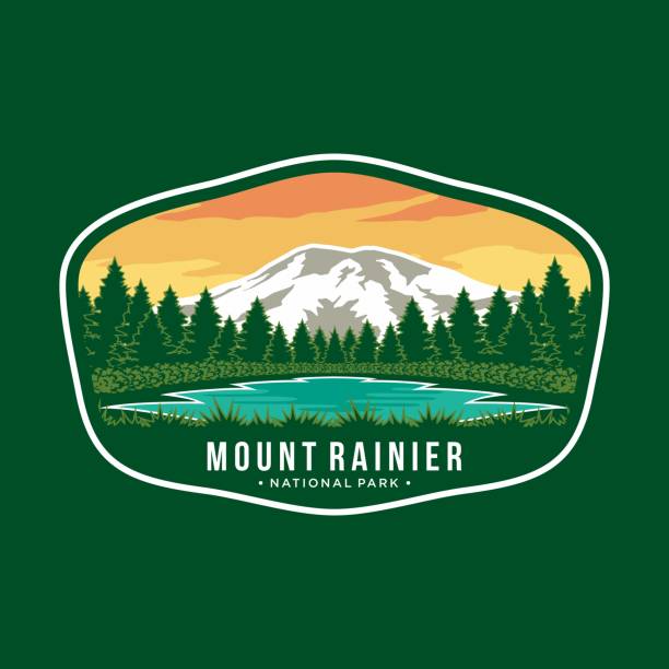 ilustraciones, imágenes clip art, dibujos animados e iconos de stock de ilustración del icono del emblema del parque nacional mount rainier - monte rainier
