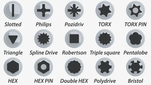 Vector illustration of Set of the most popular slots for screwdrivers. Flat illustration