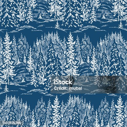 istock Seamless background of sketches fir forest in frosty snowy winter 1403875266