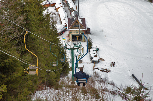 Ski lift of winter resort Vorokhta in Carpathian Mountains, Ukraine.