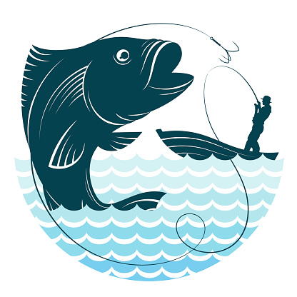 The fisherman in the boat and the fish on the waves. Symbol for fishing and recreation