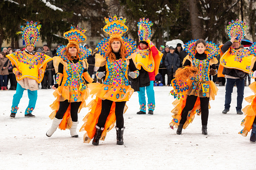 Razlog, Bulgaria - January 14, 2017: People in bright costumes dancing at the festival Starchevata