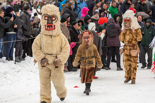 Razlog, Bulgaria - January 14, 2017: People in traditional carnival kuker costumes at Kukeri festival Starchevata