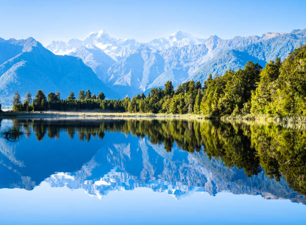 istock Perfect reflection in Lake Matheson surrounded by beautiful natural forest under blue sky 1403879106