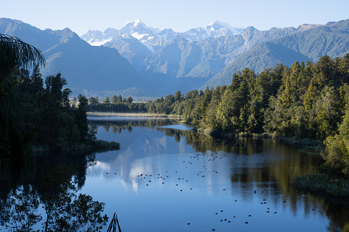 Perfect reflection in Lake Matheson surrounded by beautiful natural forest under blue sky with view to Southern Alps and Mount Cook, South Island new Zealand.