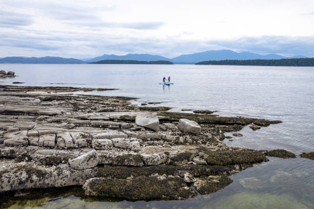 istock Couple paddle boarding along a coastline 1403879224
