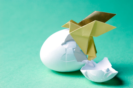 hatching bird coming out of egg art conceptual poetic minimal origami, origami design by Sok Song.